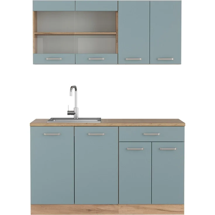Küchenzeile R-Line Blau-Grau/Goldkraft Eiche 140 cm , AP Eiche Vicco – Bild 1