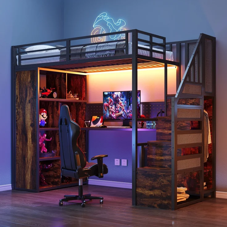 EINHOM Metall-Hochbett 90 x 200 cm mit Kleiderschrank und Staufächern, Metall + Holz, Trittleiter, Schreibtisch mit Steckdosen nach Europäischer Norm, Lochblech und LED-Lichtleiste, Großem Stauschrank, Einzelbett, Schwarz (Ohne Matratze) – Bild 7