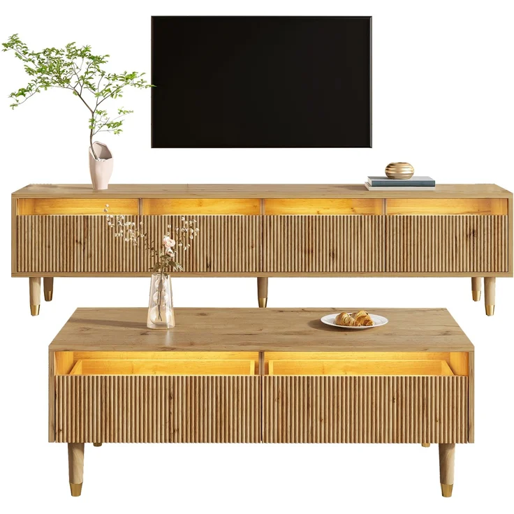Modernes LED-Möbelset: TV-Schrank mit 4 Türen & Couchtisch mit 2 Schubladen – Holzfarben-Gold Design, LED-Beleuchtung, Wellenstruktur & Acrylfront für stilvolles Wohnen--Holz--119x57.78x12.7cm--YOUDENOVA – Bild 3