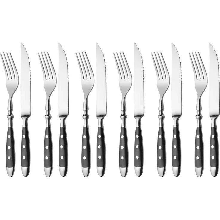 GRÄWE Steakbesteck, 12-teilig, Besteckset für 6 Personen, Steakgabel, Steakmesser, Edelstahl poliert, schwer, spülmaschinengeeignet