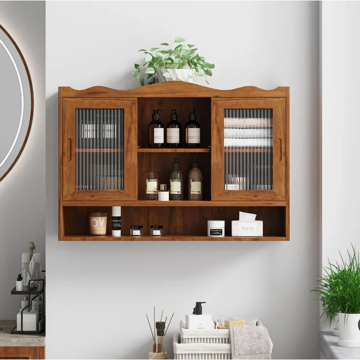 DESVIAE Sideboard wandmontiert mit Schiebetüren 90x60x20 cm Massivholz Glas Braun