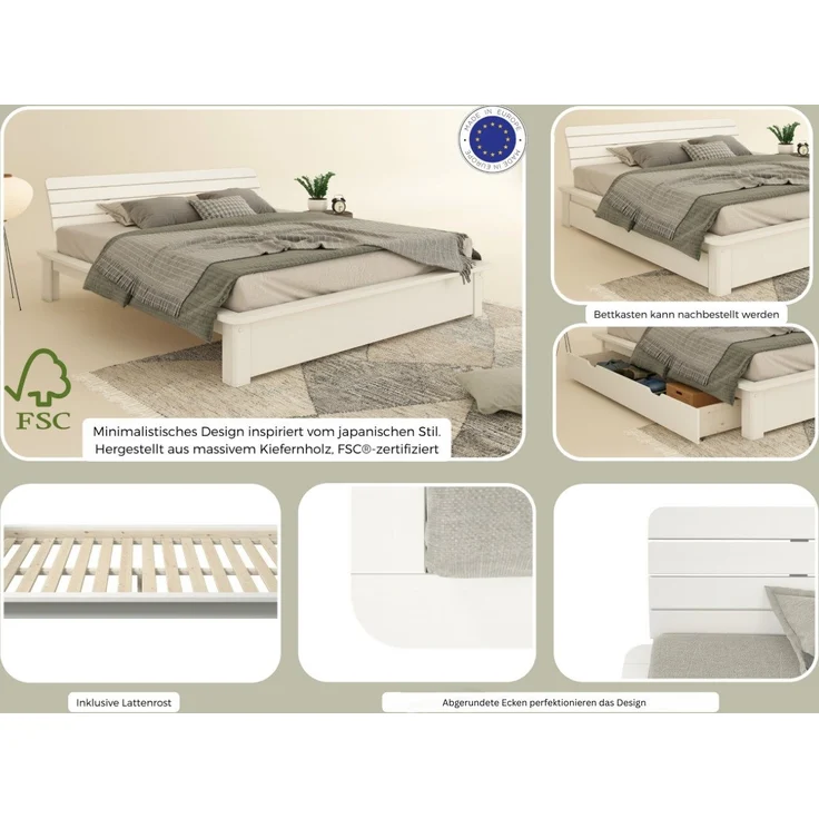 Home affaire Massivholzbett Antri, Futonbett, ergonomisch geformtes Kopfteil, stilvolles Design, Rahmen zur Ablage von Smartphone, mit Lattenrost, Bettkasten optional – Bild 2
