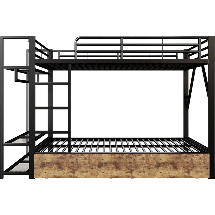Etagenbett mit Schubladen, RGB LED-Streifen, Kleiderstange, Regal, Lattenrost und Leiter, 140x200 cm, Kinderbett mit Rausfallschutz, Metallbett – Bild 8