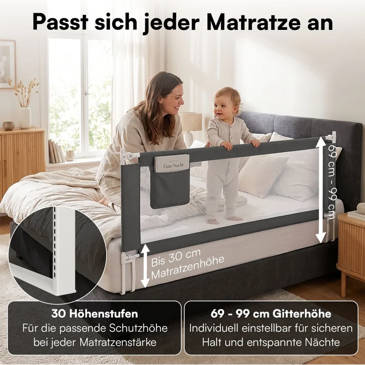 Bellabino 'Drina' Bettschutzgitter mit 2 Sicherheitsgurten, Rausfallschutz klappbar & höhenverstellbar, aus Oxford-Stoff & Metall, 180 cm, dunkelgrau – Bild 3
