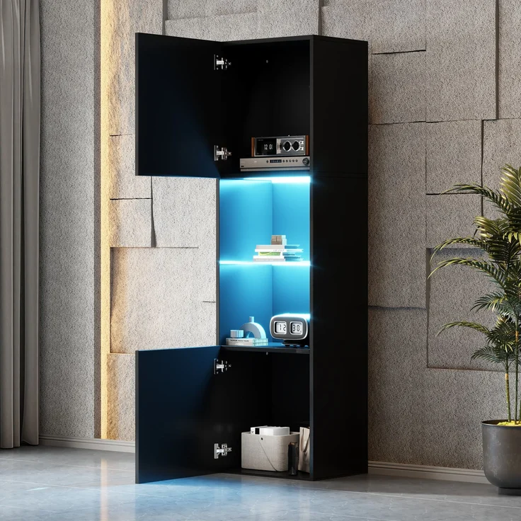 ZUBALIYA Vitrine (45 x 35 x 160 cm), LED - Beleuchtung, Hochglanzoptik, Aufbewahrung für Sammlerstücke, Geschirr und Dekoration, Schwarz – Bild 7