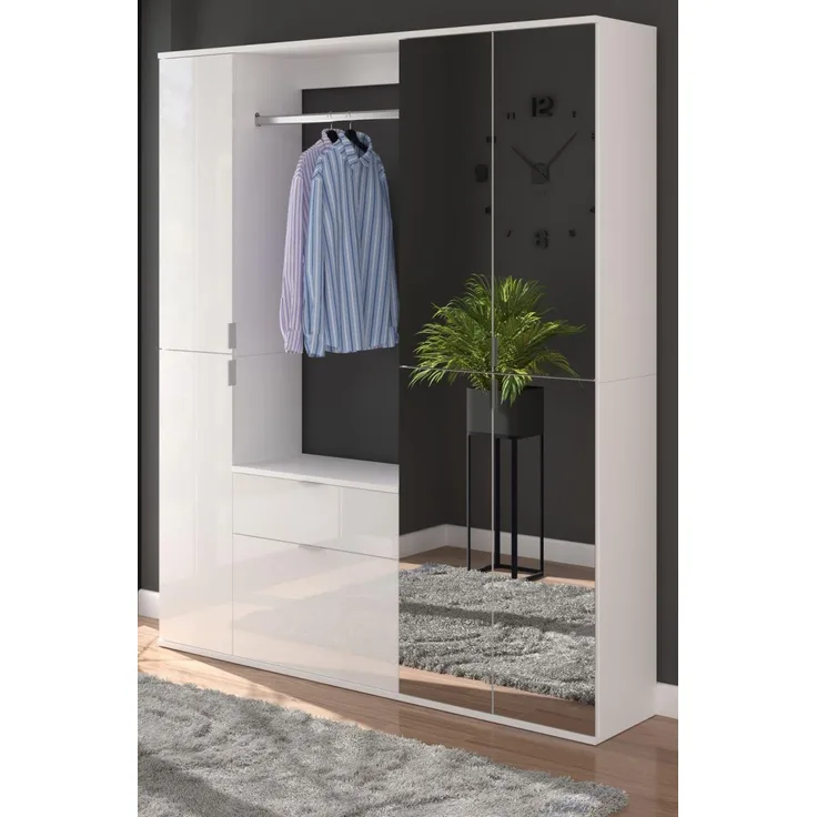 Garderobenschrank mit Spiegel SystemX in weiß Hochglanz 152 x 193 cm