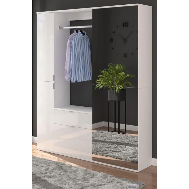 Garderobenschrank mit Spiegel SystemX in weiß Hochglanz 152 x 193 cm – Bild 1