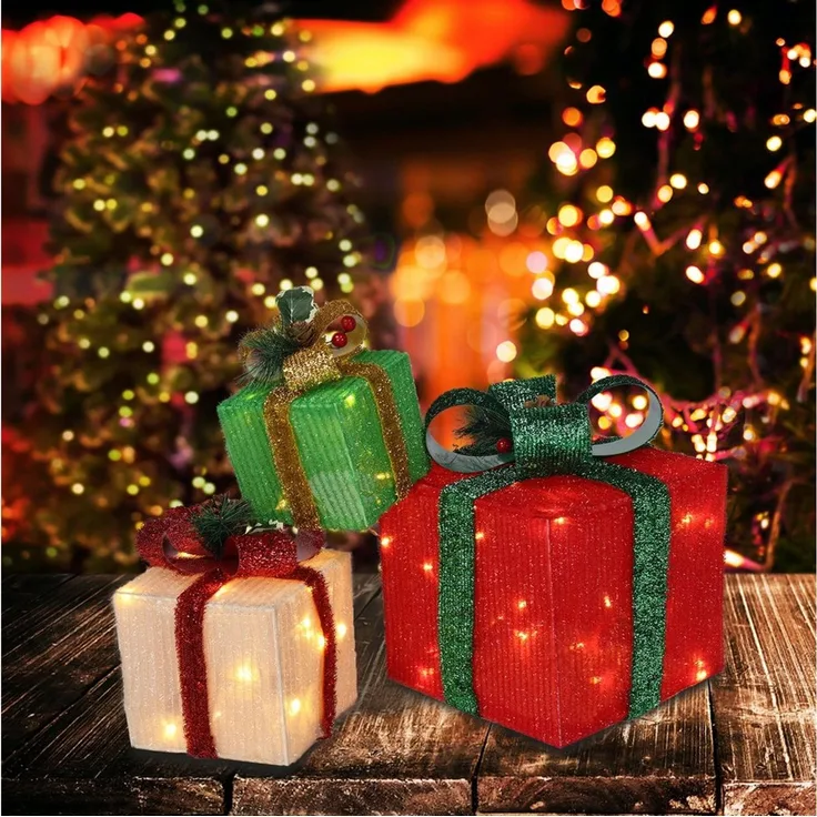 LALAHO LED Dekolicht LED Geschenkbox Weihnachtsdeko 3er Set, mit 60 warmweißen LEDs Weihnachtsdeko beleuchtete 20/13.5/11 cm