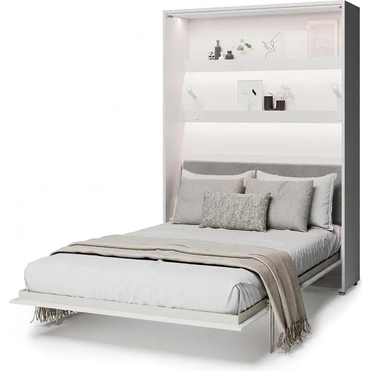 MEBLINI Elektrisches Schrankbett BC-36 - 140x200cm Vertikal - Weiß Matt - Kopfteil Grau - Wandbett mit Lattenrost, Matratze und Kopfteil - Wandklappbett – Bild 1