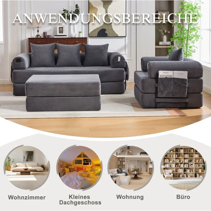 Modulares 4-Sitzer-Sofa 200x190x67 cm mit Sessel und Hocker – Cordbezug, Dunkelgrau – Bild 9