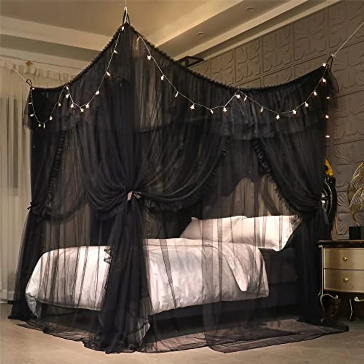 VETHIN 4 Ecken Pfosten Rüschen Prinzessin Bett Baldachin Vorhang, doppellagig, gemütlich, schwarz, 162.6 cm Bx208.3 cm Lx208.3 cm H/Q ueen – Bild 7