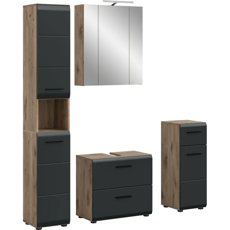 Badkombination (B/H/T: 150x185x46 cm) in schwarz matt und Nox Oak Nachbildung