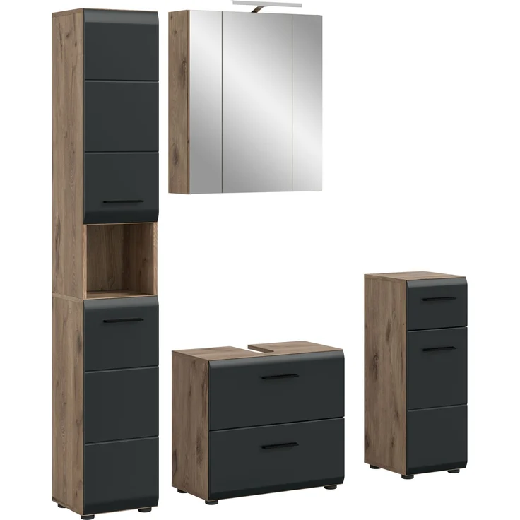 Badkombination (B/H/T: 150x185x46 cm) in schwarz matt und Nox Oak Nachbildung – Bild 1