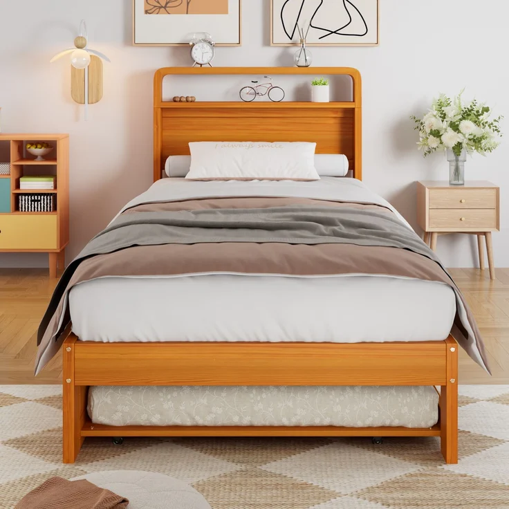 Merax Holzbett, Einzelbett, Kinderbett, 90x200 cm, mit Ausziehbett 90x190 cm, Funktionsbett mit links/rechts montierbarem Gästebett, Natur – Bild 3