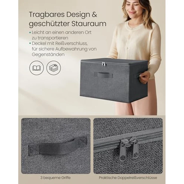 SONGMICS Aufbewahrungsbox mit Deckel, 3er Set, faltbare Stoffbox mit Griffen, Aufbewahrung für Kleidung, 40 x 30 x 25 cm, Vliesstoff, schiefergrau – Bild 4