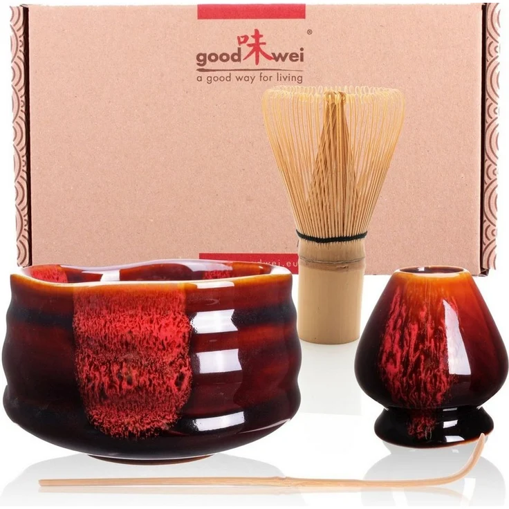 Goodwei Teeschale Matcha-Set "Akai" 80 mit Teeschale, Matchabesen und Besenhalter, 4-tlg, Keramik