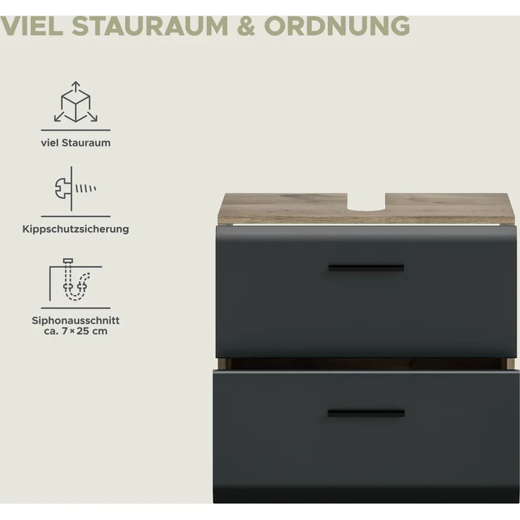 xonox. home – Waschbeckenunterschrank Ice 60 x 55 x 30 cm in Korpus Nox Oak Nachbildung und Front schwarz matt – Moderner Badschrank Unterschrank für Waschbecken – warm & natürlich – Bild 8