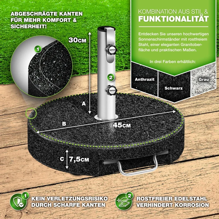 tillvex® Granit Sonnenschirmständer mit Rollen & Teleskopgriff Anthrazit - 27 kg Rund | Schirmständer Sonnenschirm mit Edelstahlrohr | Balkonschirmständer für Schirmstöcke 16-48 mm & 300 cm Schirmdurchmesser – Bild 2