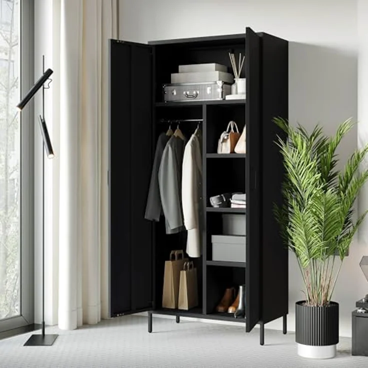 Jan Nowak Kleiderschrank 2 Türig, Metallschrank Glitzernd - Flavio | Ablagen, Kleiderstange, Magnetverschluss | Geräumiger Garderobenschrank für Schlafzimmer | 80 x 185 x 45 cm | Schwarz – Bild 5