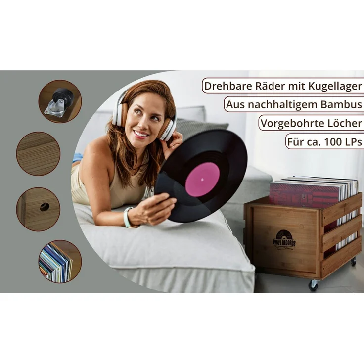 Stagecaptain Holzkiste Emil Schallplattenkiste Bambus Braun für bis zu 100 LPs (1 St), für bis zu 100 LPs - aus Vollholz im Retro-Design – Bild 2