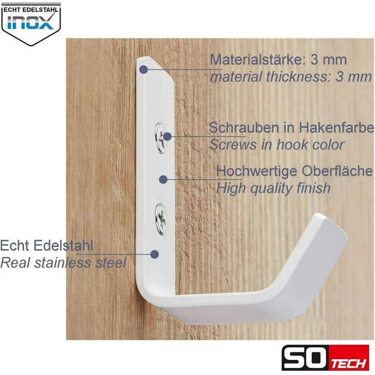 SO-TECH® Kleiderhaken doppelter Wandhaken, Edelstahl, 142 x 20 x 45 mm, (5-St), großer Jackenhaken mit abgerundeten Kanten weiß – Bild 4