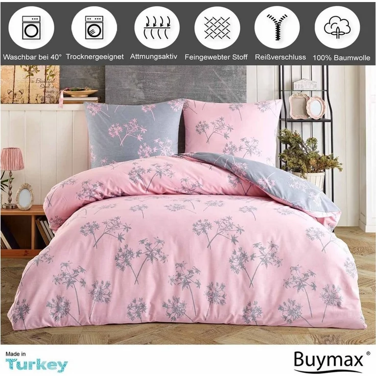 Buymax Bettwäsche Idil, Renforce: 100% Baumwolle, 4 teilig, 155x220 cm mit Reißverschluss, Muster Zweige, Rosa Pink Grau – Bild 2