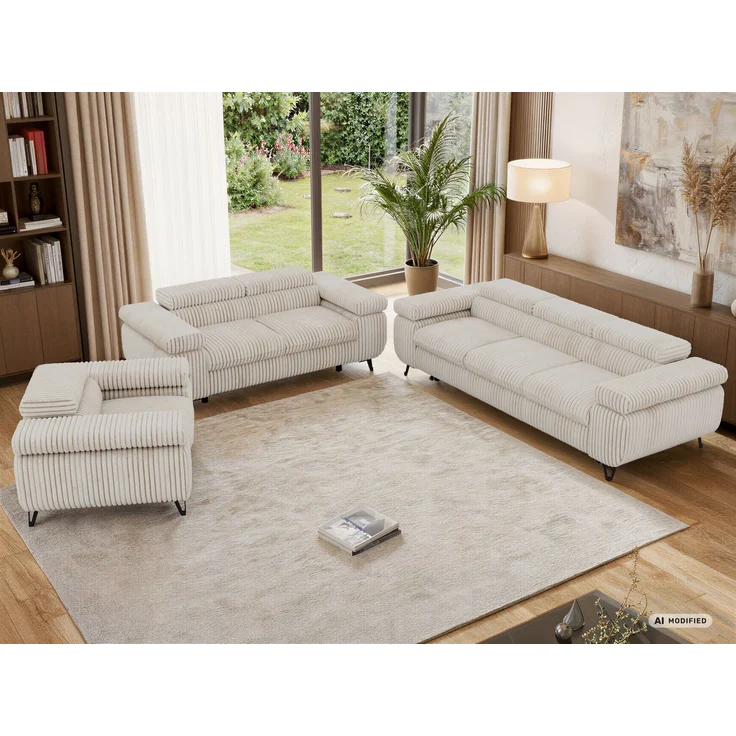 Sofagarnitur PETER 1-2-3 mit Schlaffunktion, verstellbare Kopfstützen, verstellbare Armlehnen, freistehend, Wellenfederung, Polstermöbel-Set, 3-teilig, Couchgarnitur - Beige Cord – Bild 5