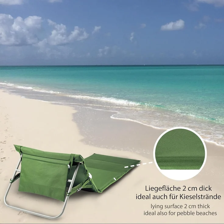 ONVAYA Premium Strandmatte Khaki 2er Set | 2cm gepolstert mit Rückenlehne | Strandliege faltbar | Strandmatratze dunkelblau | Sonnenmatte mit Tragegurt | 161 x 55 x 45 cm – Bild 2