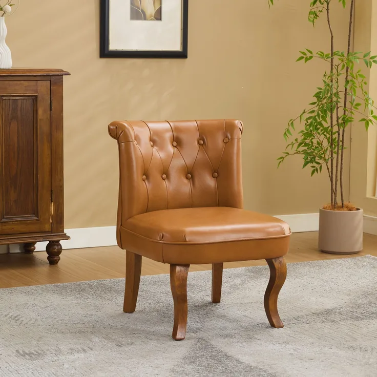 Echtleder Sessel,Loungesessel Wohnzimmer,Kautschukholz Massivholz,Einzelstuhl,Pull-Point Knöpfe, Esszimmerstuhl,bis 150 kg,Hellbraun