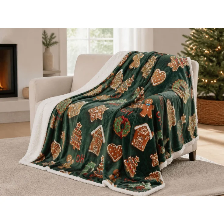Weihnachts-Flanelldecke mit Lebkuchenmotiv Grün, 200x230 cm – Bild 2