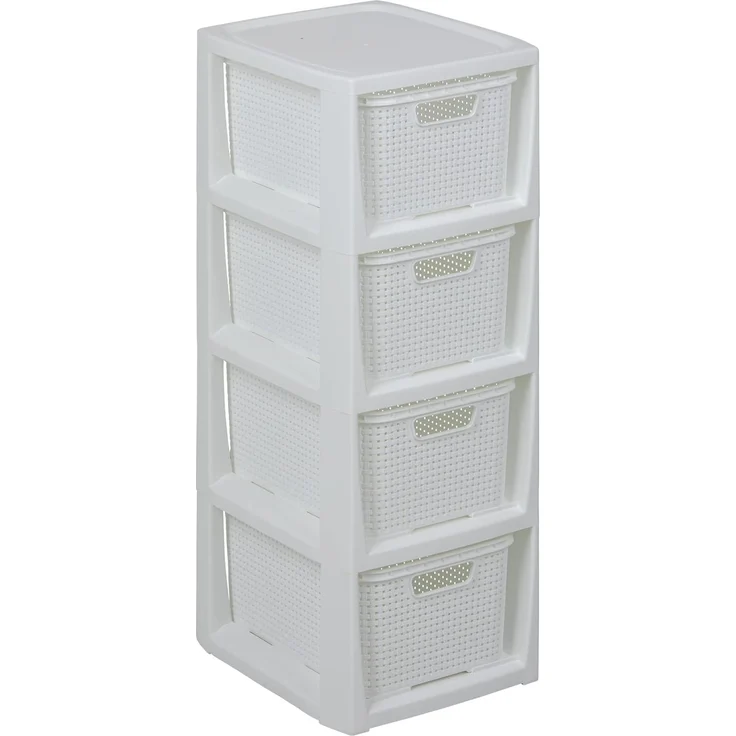 BranQ Home essential Regal in Rattan Design, BPA-freie Kunststoff PP, Weiß, 29,5 x 24 x 64,2 cm, 4 Körben