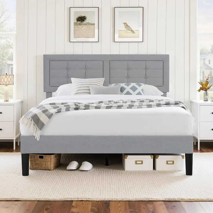 VECELO Polsterbett 140x200 cm, Doppelbett mit Höhenverstellbarem Kopfteil, Bett Bettrahmen mit Lattenrost, Gepolstertes Bettgestell Jugendbett für Schlafzimmer Gästezimmer, Hellgrau