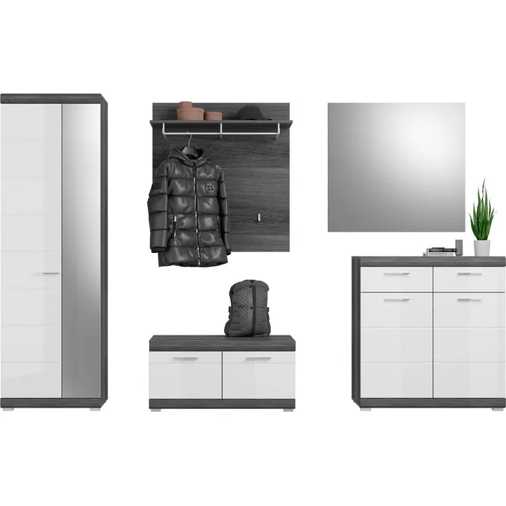 INOSIGN Garderoben-Set Siena, Fronten mit hochwertiger Rillenfräsung, 5-teilig,bestehend aus:, (3-St), Garderobenschrank, Sitzbank, Garderobenpaneel, Schuhschrank, Spiegel