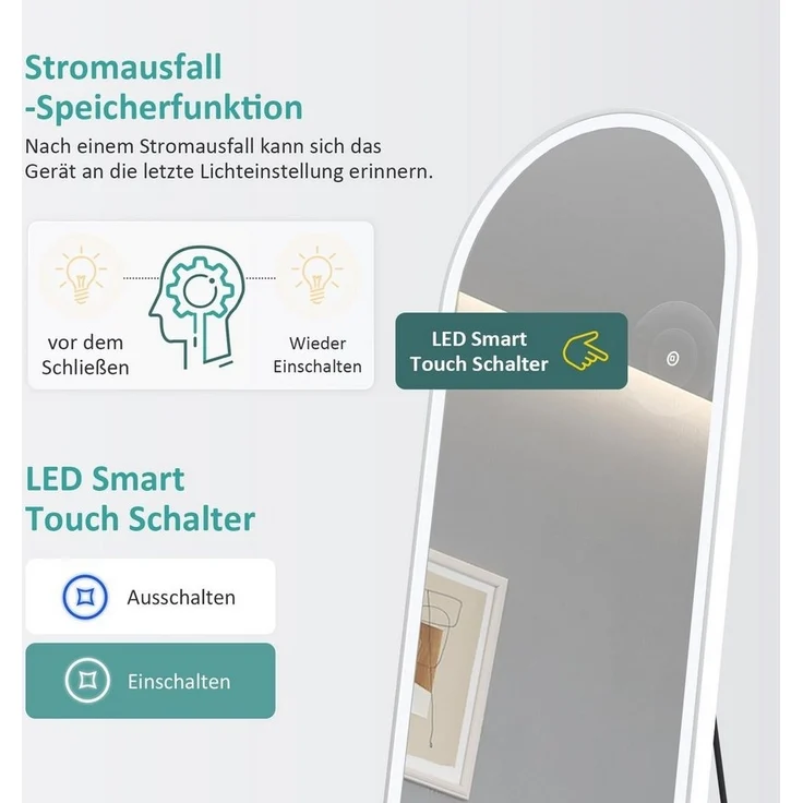 EMKE Standspiegel Bogen Standspiegel Ganzkörperspiegel mit Beleuchtung, 3 Lichtfarbe Einstellbar Dimmbar, mit Rahmen aus Aluminiumlegierung – Bild 2