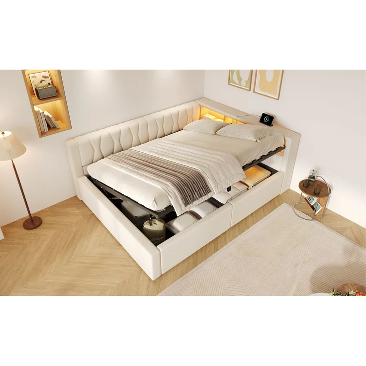 TavilaEcon Daybett Schlafsofa, Tagesbett mit dimmbarer LED-Leiste & USB-Anschluss beige Liegefläche 140 × 200 cm – Bild 4