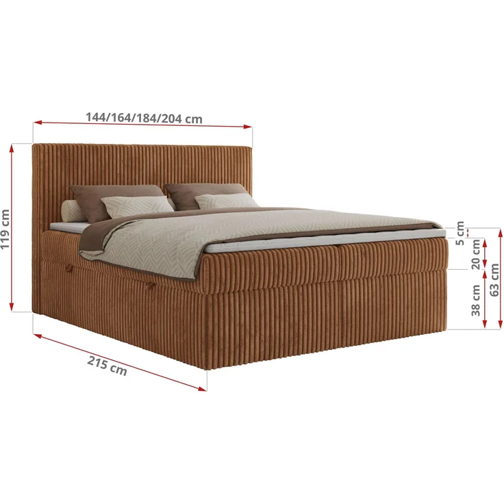 Boxspringbett mit Kopfteil und Topper Visco, Cord Bett - TILIANO - 160 x 200 cm - Orange Cord - H4 – Bild 5