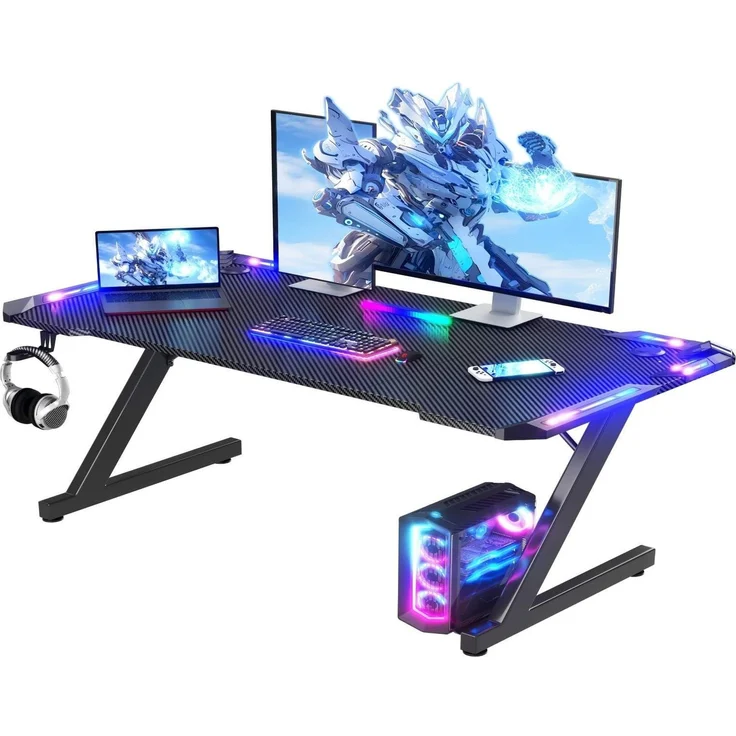 Homall Gaming Tisch mit LED-Leuchten, 140x60 cm RGB Gaming-Tisch Z-Form, großer Computer Schreibtisch mit Kopfhörer-Haken und Tassenhalter, Gamer Tisch für Home Office (Schwarz)