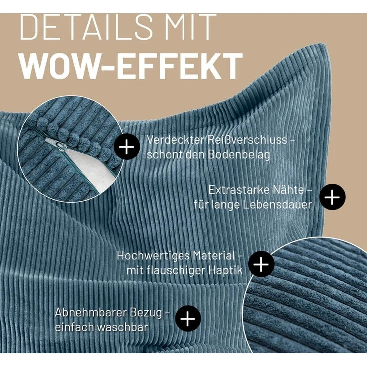 Lumaland Sitzsack Classic XXL Cord | Riesen Sitzsack XXL mit Softer Rippenstruktur – ideal zu Cord Sofa & Sessel Indoor Bean Bag für Wohnzimmer, Schlafzimmer & Co. - 380 L, 140x180 cm – Bild 4