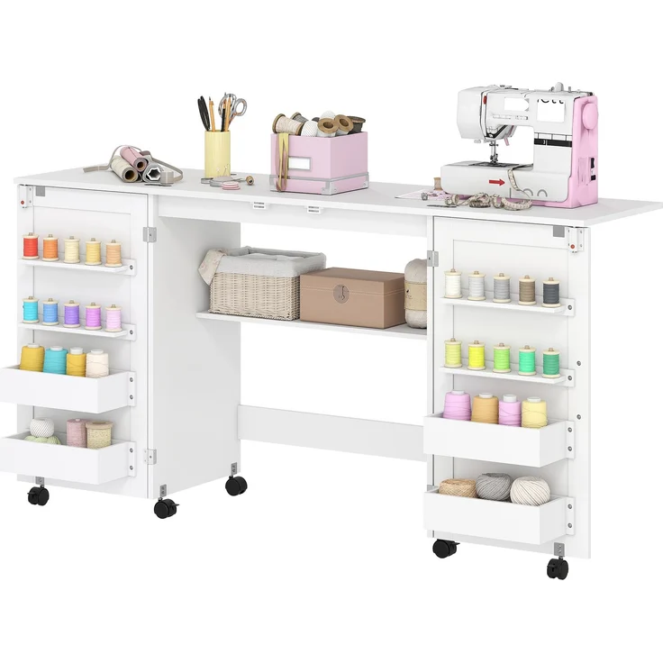 Wohnora-Klappbarer Nähtisch, Nähschrank auf Rollen, 2 Magnettüren, 4 Ablagen, 20 Haken, 160 x 40 x 81,5 cm, weiß,H 815cm x T 1600cm x B 400cm – Bild 2