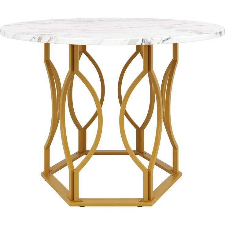 5-teiliges Esszimmer-Set mit rundem Esstisch Ø100 cm & 4 Samtstühlen – Design Essgruppe mit Marmormuster Tischplatte & Metallgestell – Bild 4