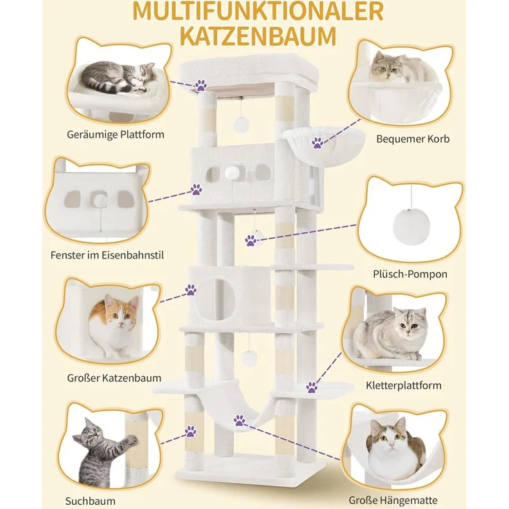 Kratzbaum groß, 170 cm hoch, Katzenbaum, mit 8 Kratzbäume, 2 Höhlen, groß Plattformen, Waschbare Matte, Hängematte, Plüschbälle, mehrstöckiger katzenkratzbaum, Cremeweiß – Bild 3