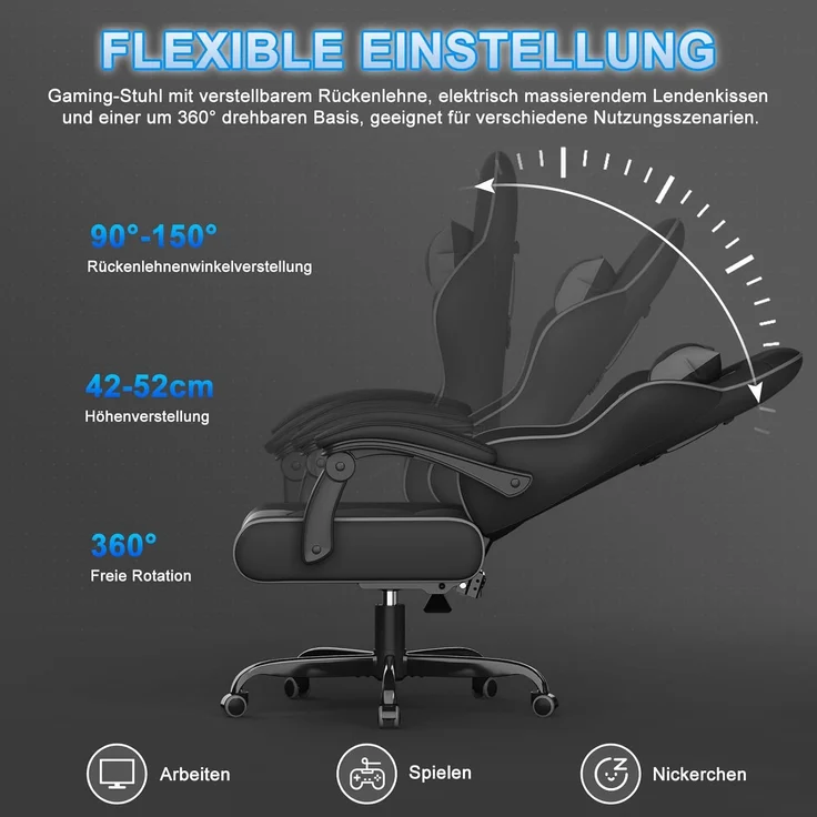 Devoko Gaming Stuhl mit Massagefunktion, Bürostuhl Ergonomisch mit Verstellbarer Ruckenlehne (90-135), Schreibtischstuhl mit Bewegliche Armlehne, max 150kg, Grau – Bild 5