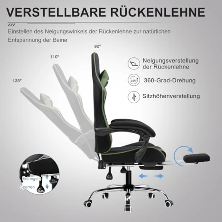 GTPLAYER Bürostuhl Gaming Stuhl Stoff Gaming Sessel Ergonomischer Gamer Stuhl mit Fußstütze, Kopfstütze Lendenkissen, Gepolstert Gaming Chair, Drehsessel – Bild 6
