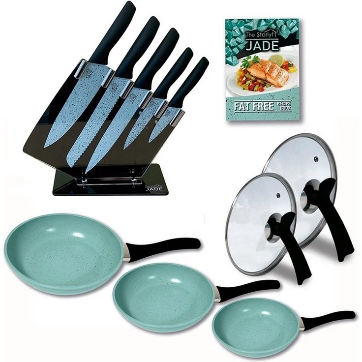 Starlyf Pfannen-Set Jade Pan Set + Jade Knife Series, Aluminium (Spar-Set, 11-tlg, 3 Pfannen, 2 Glasdeckel, 5 Messer, 1 Messerständer), Pfannen - Messerset - Messerblock – Bild 5