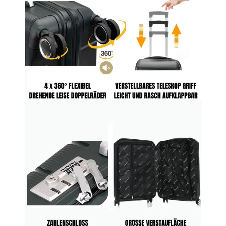 Reisekoffer Koffer 3 tlg Set Trolley Kofferset Handgepäck Polypropylen Gepäck Schwarz – Bild 3