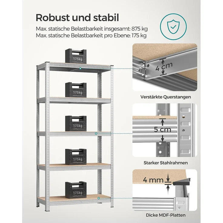 5-stöckiges Lagerregal, 2er-Set, 180 x 90 x 40 cm, max. Belastung 875 kg (175 kg pro Ebene), Regaleinheiten, verstellbar – Bild 4