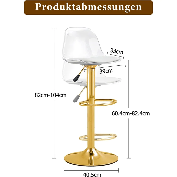 2er-Set Höhenverstellbarer Barhocker: Transparente Rückenlehne + Goldfarbene Metallbeine, Höhe verstellbar von 82-104 cm, Sitzfläche 360° drehbar.--Gold, Transparent--40.5x40.5x50.5cm--YOUDENOVA – Bild 4