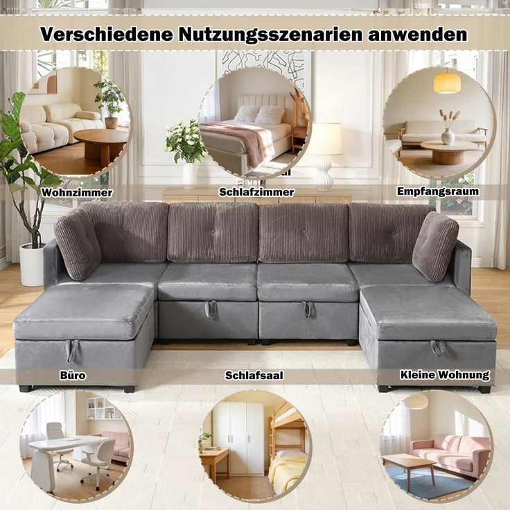 Modulares U-Sofa, Samt & Cord mit Stauraum, 261x132,5x85 cm, Antikgrau – Bild 9