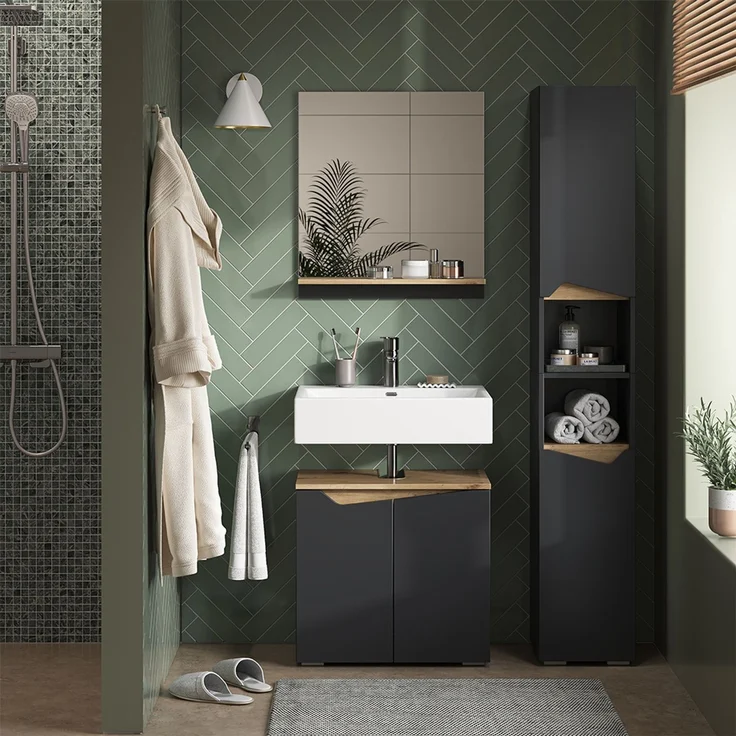 Badschrank Marelle Anthrazit/Artisan 30 x 180 cm mit Türen, und offenen Fächern Vicco – Bild 4