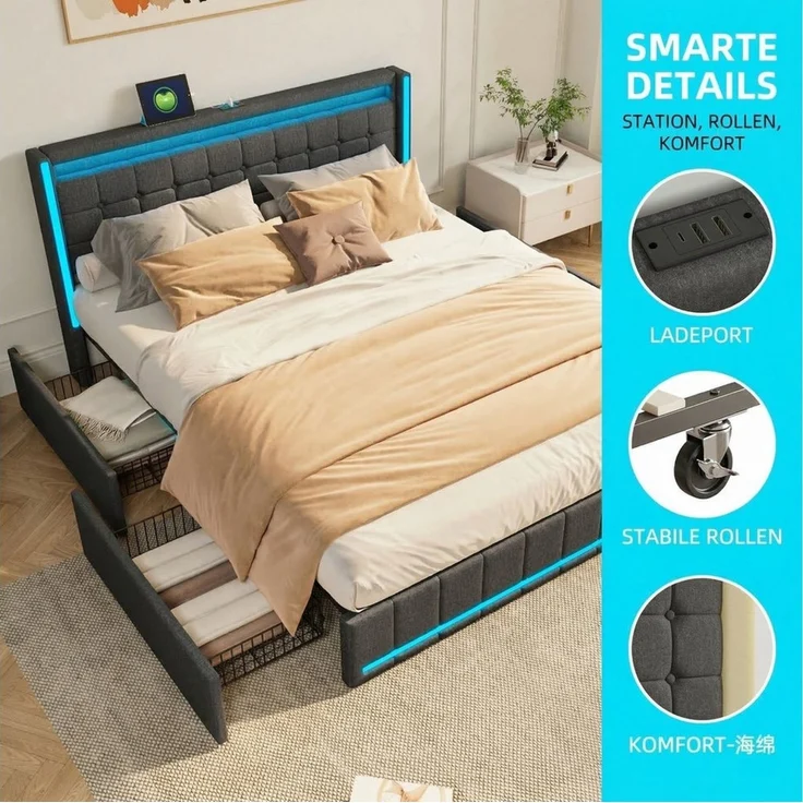 Simurq Polsterbett 180 x 200 cm Doppelbett mit LED Beleuchtung und Ladefunktion (Mit Komforthöhe Lattenrost, Leises Design Bett), Jugendbett 4 Schubladen Stauraumbett, in 2 Größen verfügbar – Bild 3
